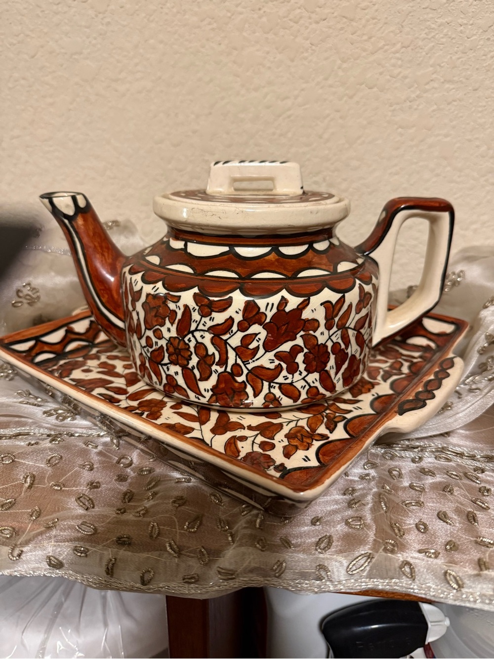 Hand-Painted Floral Ceramic Teapot with Matching Tray - Brown & Cream